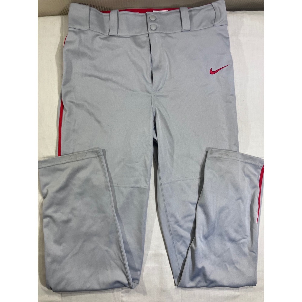 Nike Dri-FIT Mens Baseball Pants Gray Red Side Stripe Small RN56323 Open Bottom